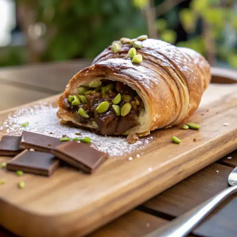 A close-up shot of a chocolate pistachio croissant on a wooden board, dusted with powdered sugar and surrounded by chocolate pieces