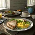A healthy breakfast plate featuring scrambled eggs, sliced avocado, toasted bread, and fresh cucumbers, served alongside a cup of coffee and a glass of orange juice in a cozy, sunlit setting.