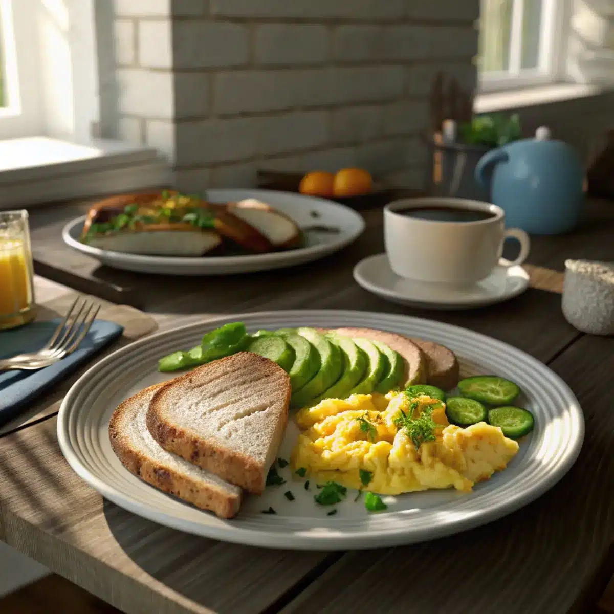 A healthy breakfast plate featuring scrambled eggs, sliced avocado, toasted bread, and fresh cucumbers, served alongside a cup of coffee and a glass of orange juice in a cozy, sunlit setting.