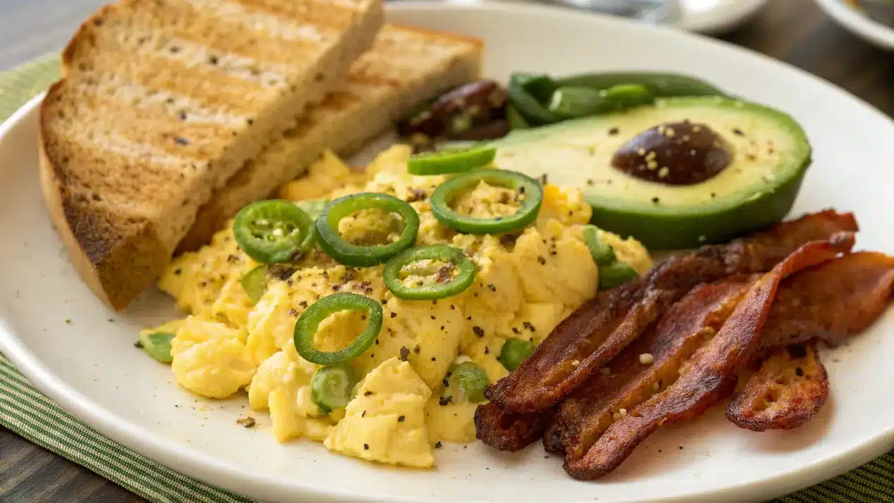 A breakfast plate with eggs, toast, avocado, and jalapeño bacon