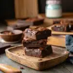 A stack of three rich and gooey chocolate brownies on a wooden plate.