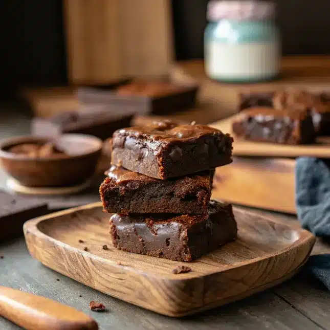 A stack of three rich and gooey chocolate brownies on a wooden plate.