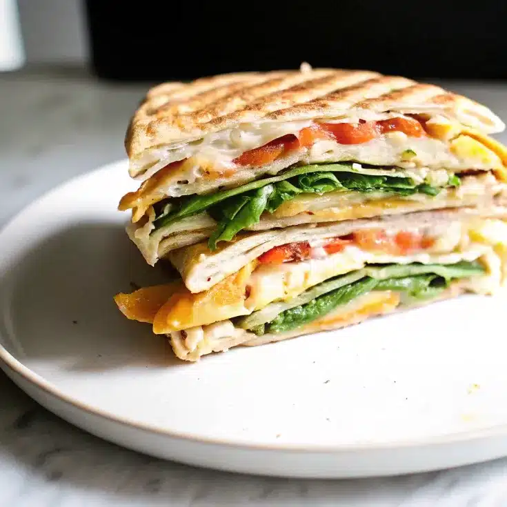 Grilled flatbread sandwich with cheese, spinach, tomatoes, and chicken.