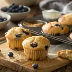 Freshly baked moist blueberry muffins on a wooden counter