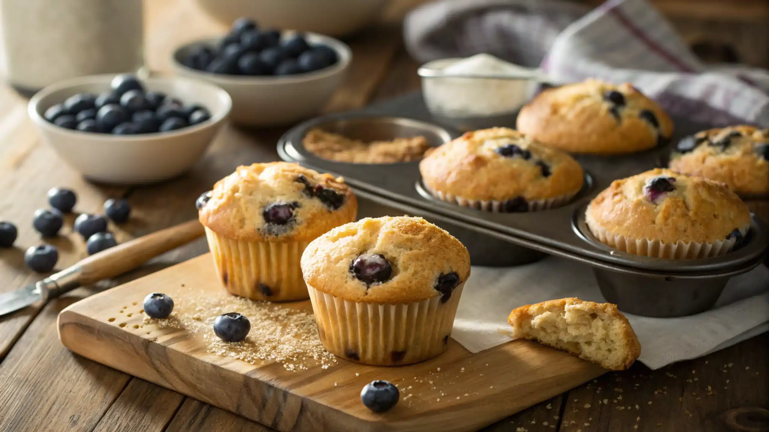 Freshly baked moist blueberry muffins on a wooden counter