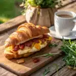 Croissant sandwich with eggs, bacon, and cheese, served with coffee.