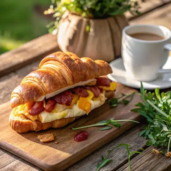 Croissant sandwich with eggs, bacon, and cheese, served with coffee.