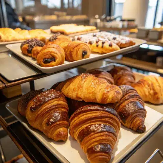 display of freshly baked croissants and pastries on trays in a bakery.