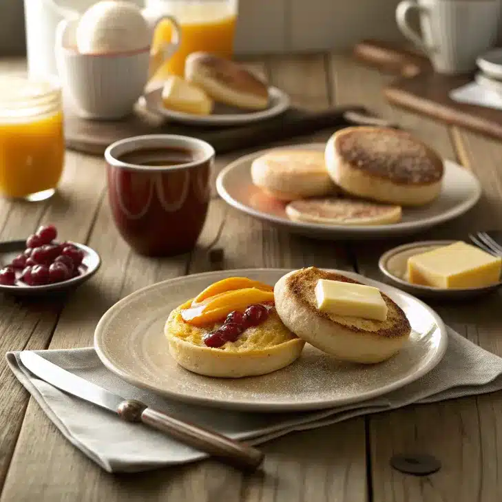 Toasted English muffins with butter, peaches, and cranberries, served with coffee and orange juice on a rustic table.