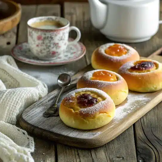 A wooden board with freshly baked homemade kolaches filled with apricot jam and poppy seed filling, dusted with powdered sugar, next to a floral teacup and a white teapot.