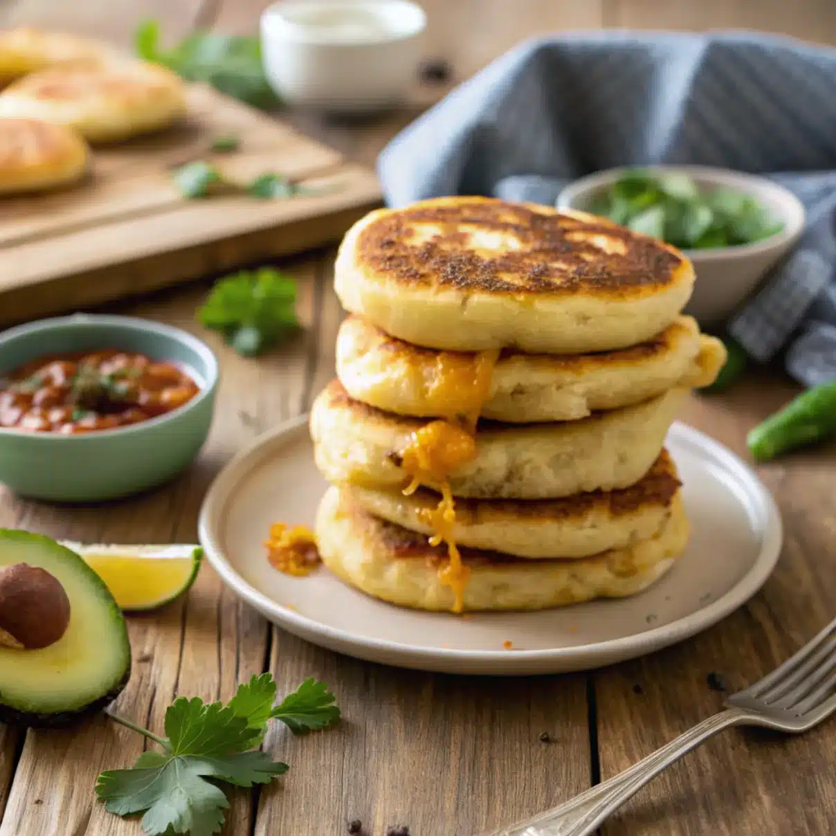 A stack of four golden-brown, cheese-filled arepas on a white plate, with melted cheese oozing out. Surrounding the dish are fresh herbs, avocado, lime, and a bowl of salsa on a rustic wooden table.