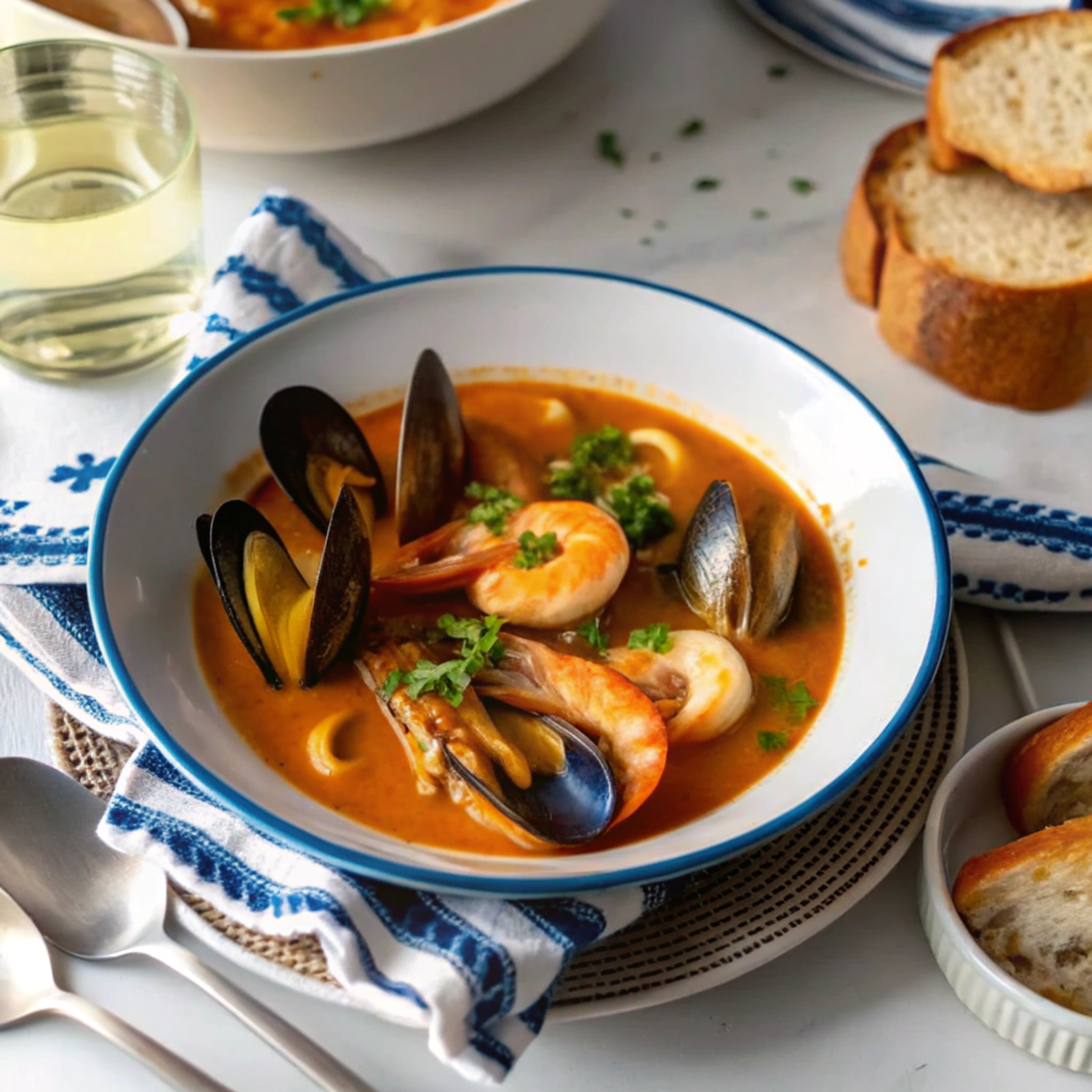 A bowl of seafood soup with shrimp, mussels, and a rich tomato-based broth, garnished with fresh parsley and served with crusty bread.