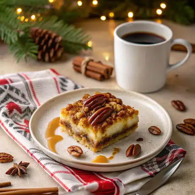 A slice of pecan pie lasagna served with coffee on a dining table.