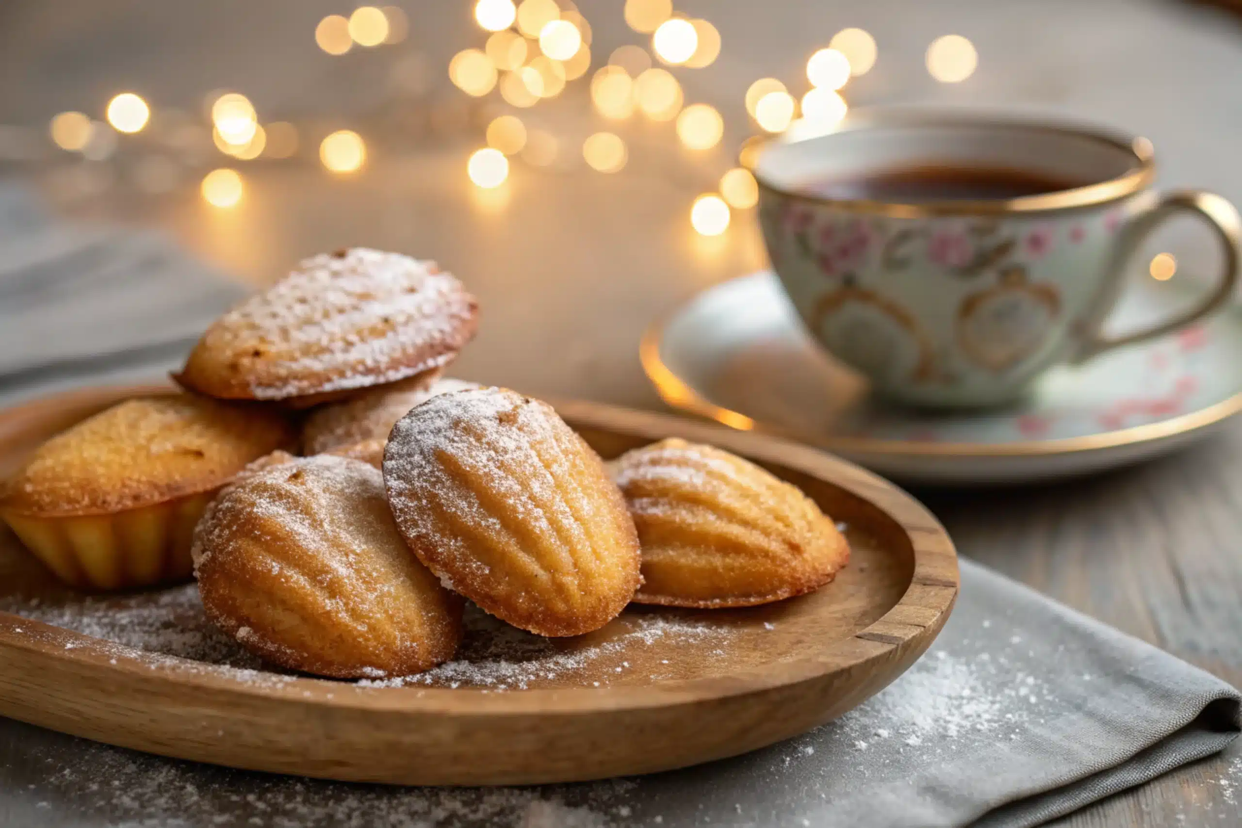 Traditional French Madeleine cookies on a wooden plate with tea.