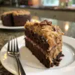 A slice of German chocolate cake on a white plate, showing chocolate layers and coconut-pecan frosting."