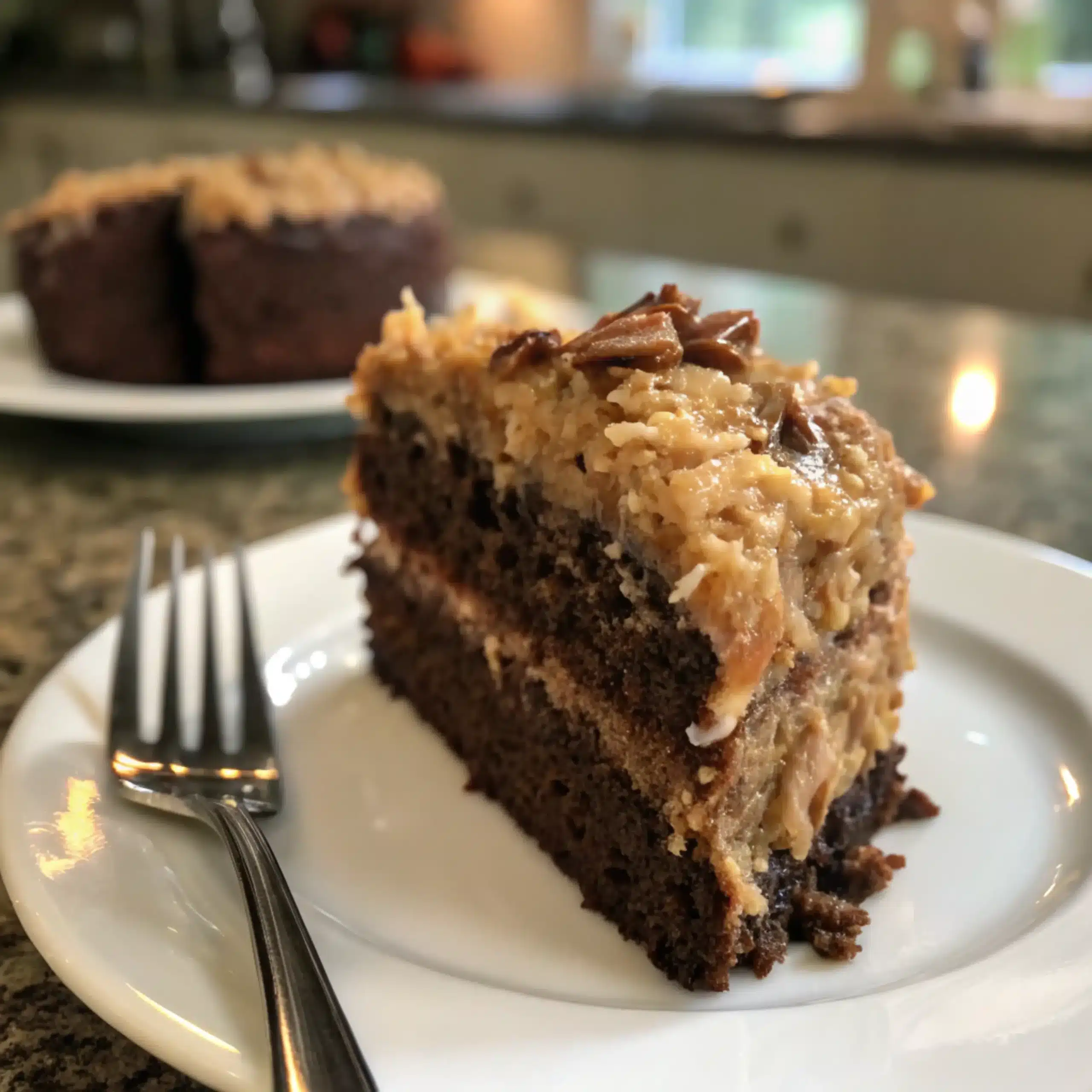 A slice of German chocolate cake on a white plate, showing chocolate layers and coconut-pecan frosting."
