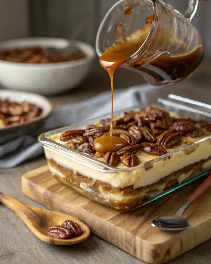 Pouring caramel pecan topping over pecan pie lasagna