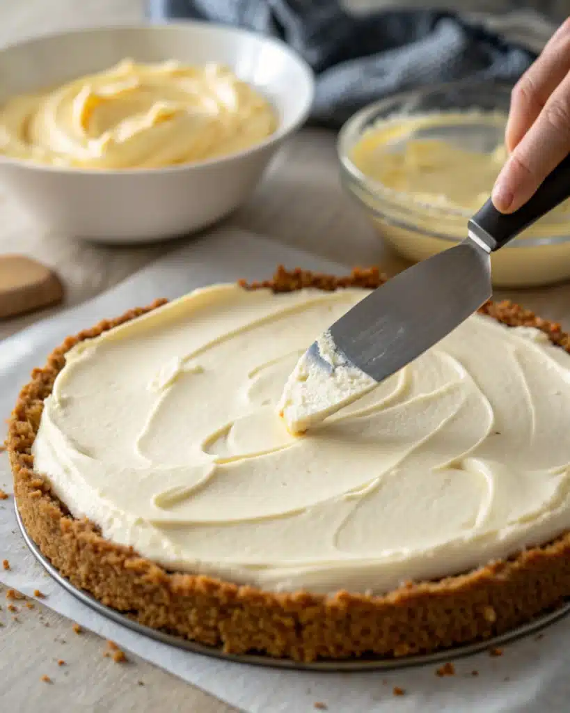 Hands layering cream cheese over graham cracker crust in a baking dish.