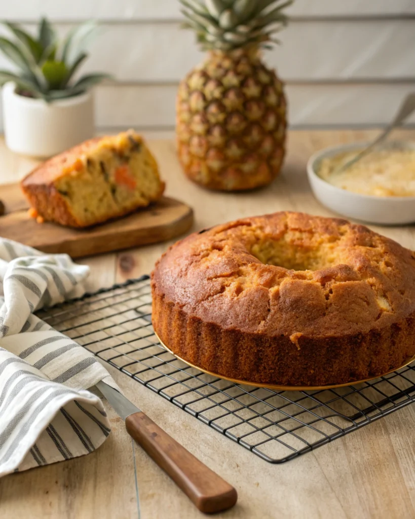 A freshly baked Hawaiian carrot pineapple cake cooling on a wire rack.