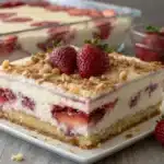 Strawberry Cheesecake Dump Cake slice with fresh strawberries on top.