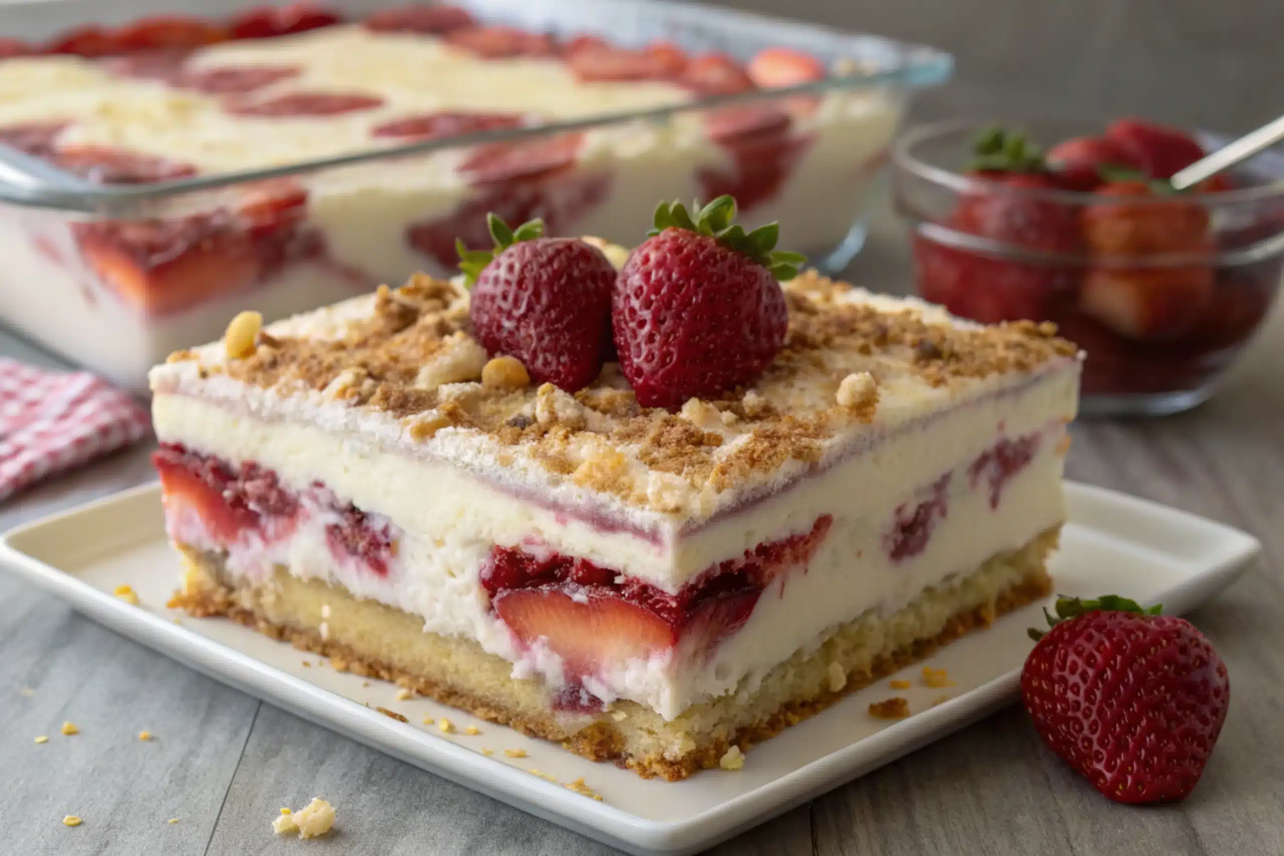 Strawberry Cheesecake Dump Cake slice with fresh strawberries on top.