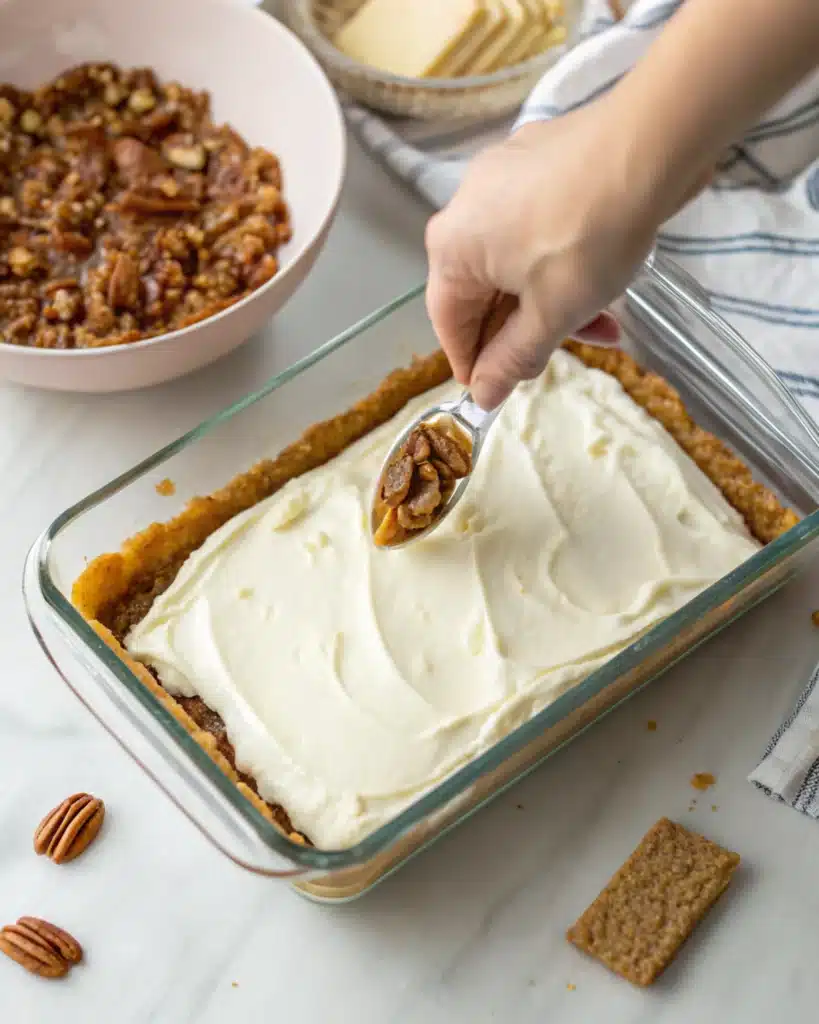 Pressing graham cracker crust into a glass baking dish.
