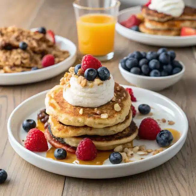 Healthy blueberry banana pancakes with yogurt and granola"
