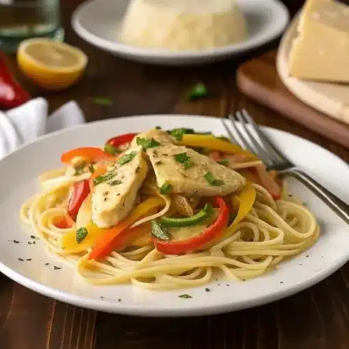 Cajun chicken pasta with bell peppers and linguine.
