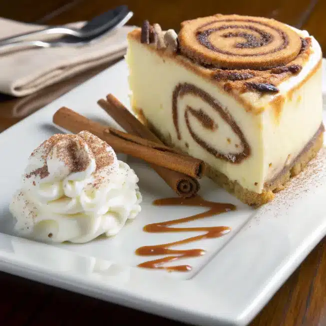 A slice of cinnamon roll cheesecake topped with whipped cream, cinnamon sticks, and caramel drizzle.