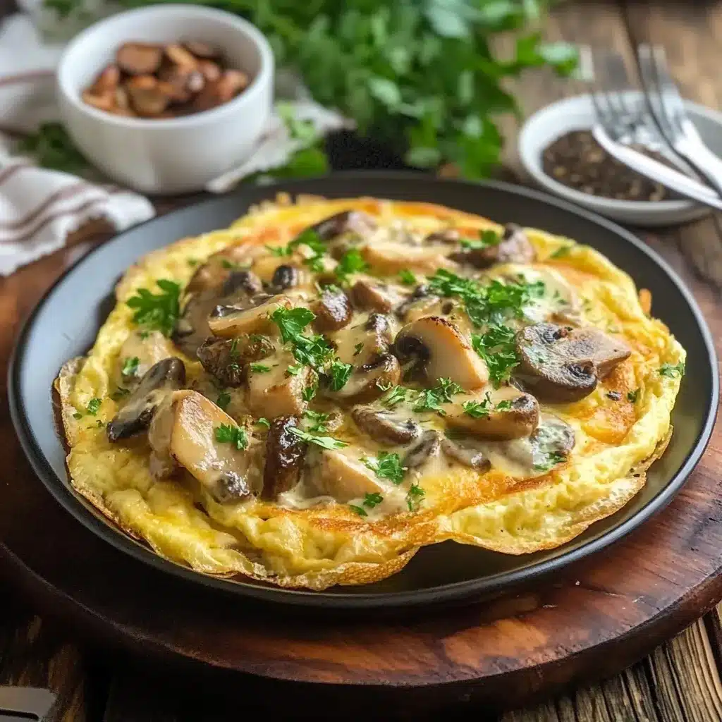 A golden, fluffy omelette topped with creamy sautéed mushrooms and garnished with fresh parsley, served on a black plate.