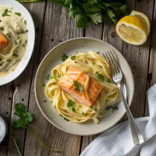 A plate of creamy fettuccine Alfredo topped with grilled salmon and garnished with fresh parsley.