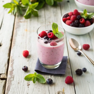 Glass of berry kefir smoothie with mint garnish on a rustic table.