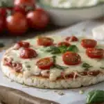 A mini pizza with melted cheese, cherry tomatoes, and fresh basil on a rice cake.