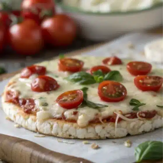 A mini pizza with melted cheese, cherry tomatoes, and fresh basil on a rice cake.