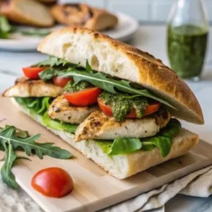 Grilled chicken sandwich with fresh vegetables and pesto on ciabatta bread.