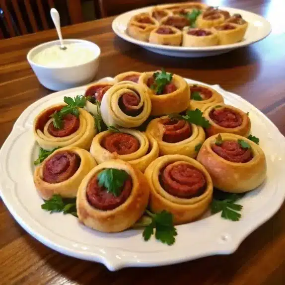 Golden-brown sausage pinwheels with parsley garnish and dipping sauce.