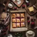Cherry pie bars on baking tray with fresh ingredients