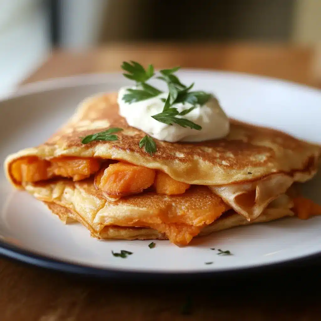A close-up of sweet potato pancakes folded over a sweet potato filling, topped with a dollop of sour cream and garnished with fresh parsley on a white plate.
