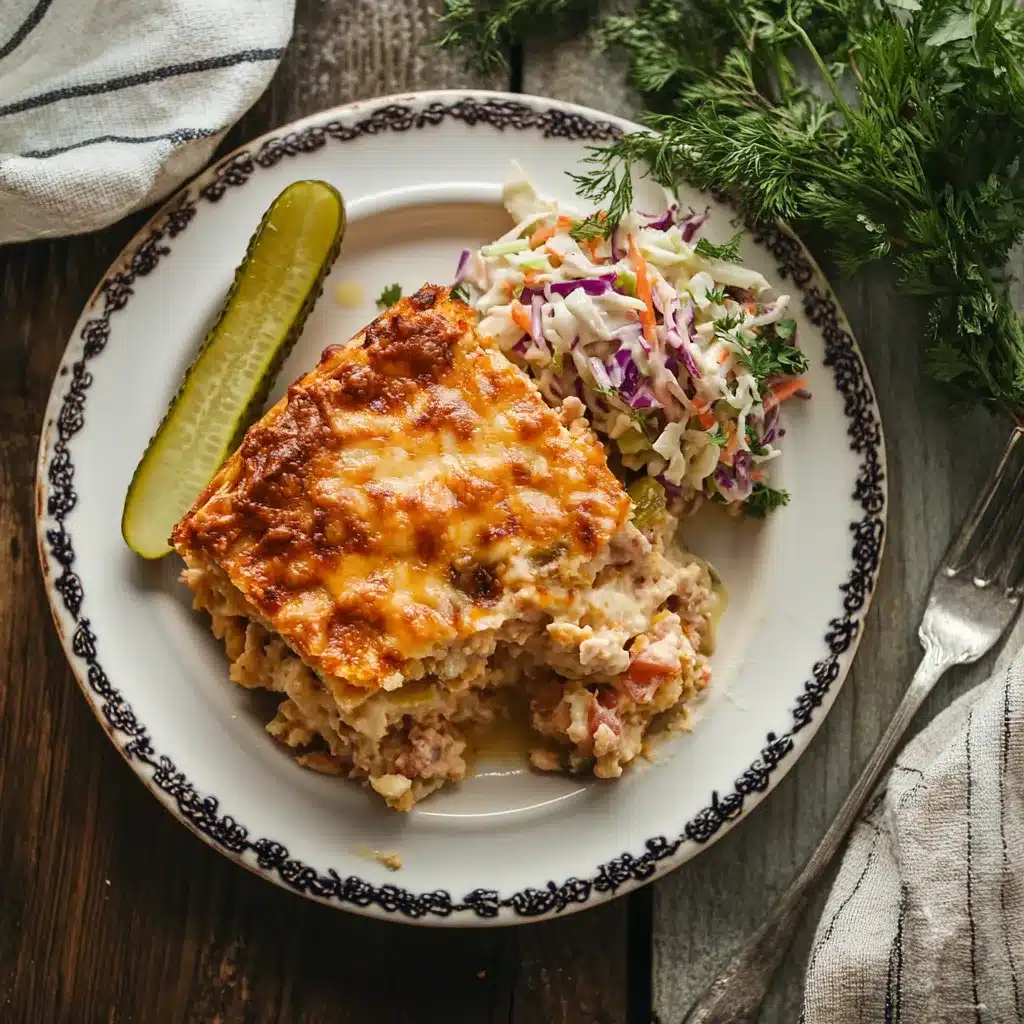 Served slice of Baked Reuben Casserole with pickle