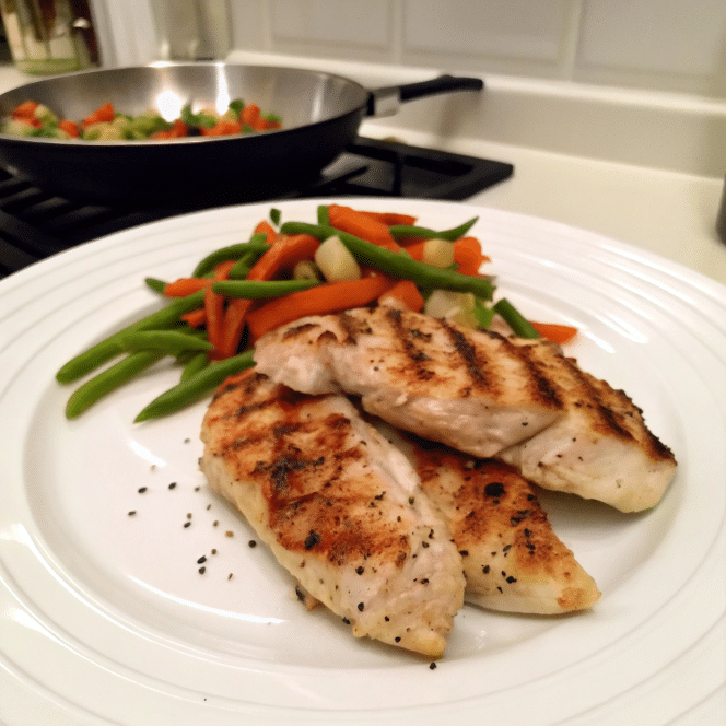 Baked Thin Chicken Breasts Grilled chicken with mixed vegetables on a white plate.