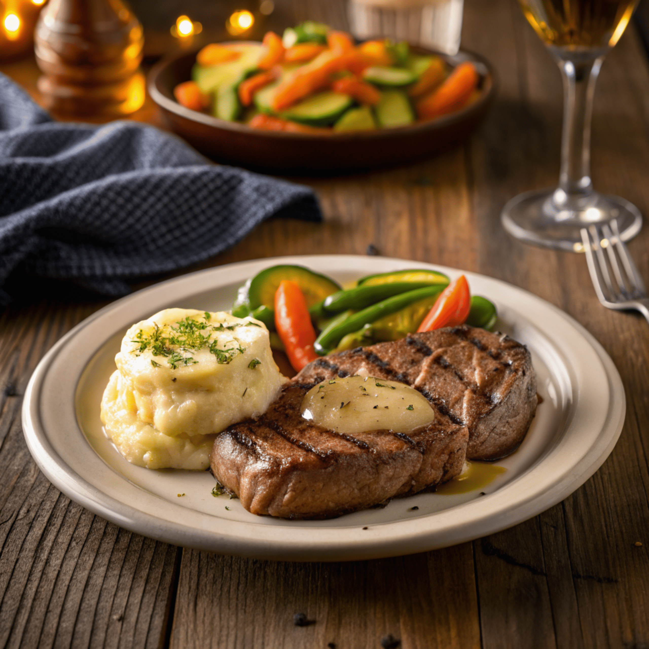 Sizzle Steak Grilled steak with mashed potatoes and mixed vegetables.