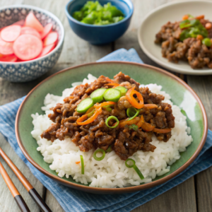 Ground beef bulgogi served over steamed rice with vegetables.