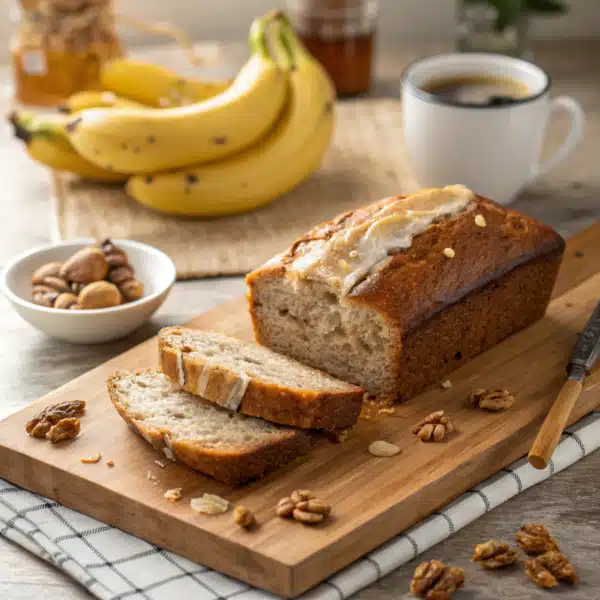 Fage banana bread with nuts on a wooden board, coffee and bananas in the background.