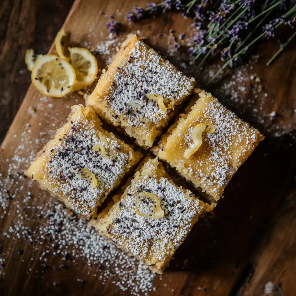 Lavender lemon bars on wooden table