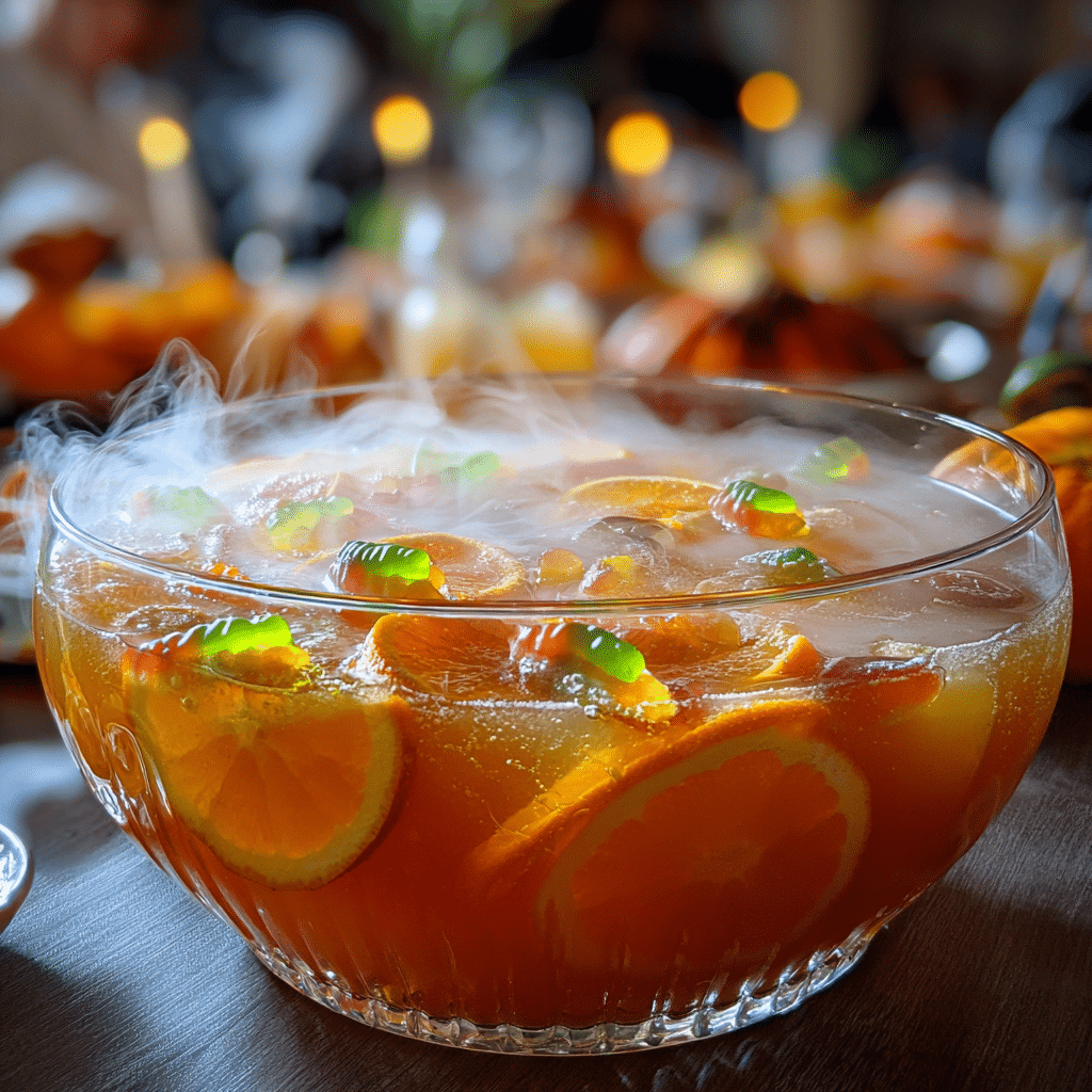 Spooky Halloween punch bubbling with fog in a punch bowl