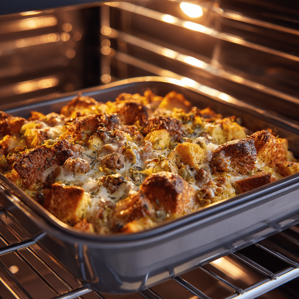 Sausage and herb stuffing baking in oven