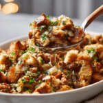 Serving sausage and herb stuffing from baking dish