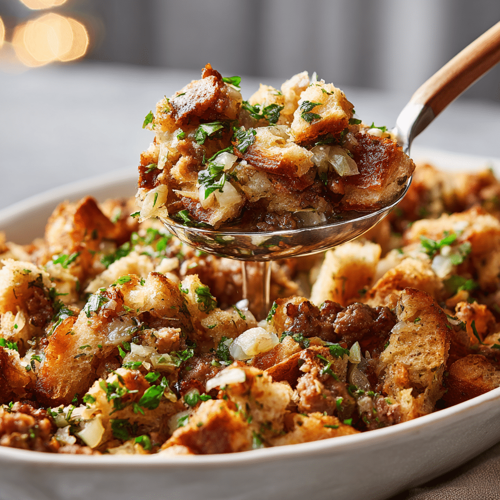 Serving sausage and herb stuffing from baking dish