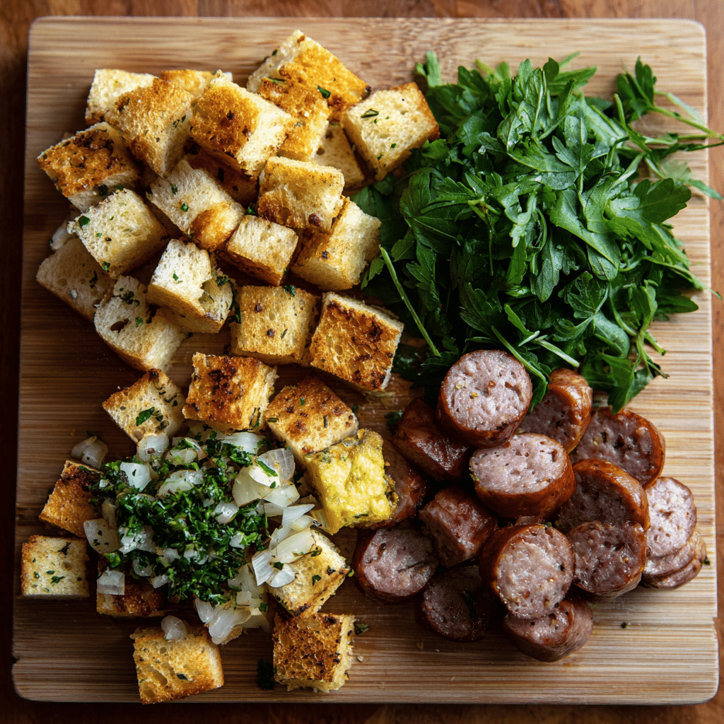 Bread cubes, sausage, and herbs for stuffing