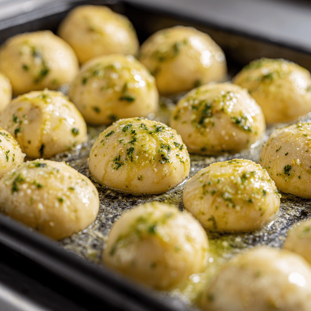 Garlic butter brushed over dough balls before baking